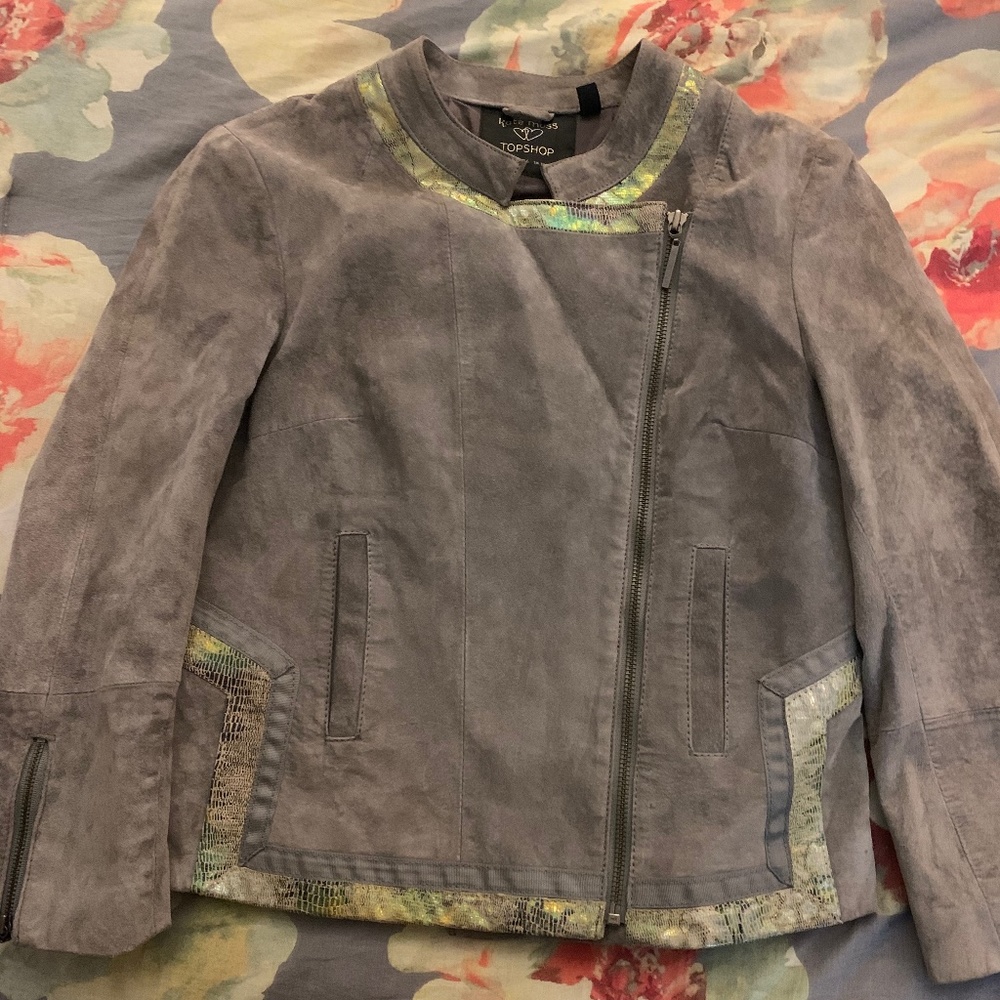 Kate Moss for Top Shop, gray real leather/suede fitted jacket, Size 6
